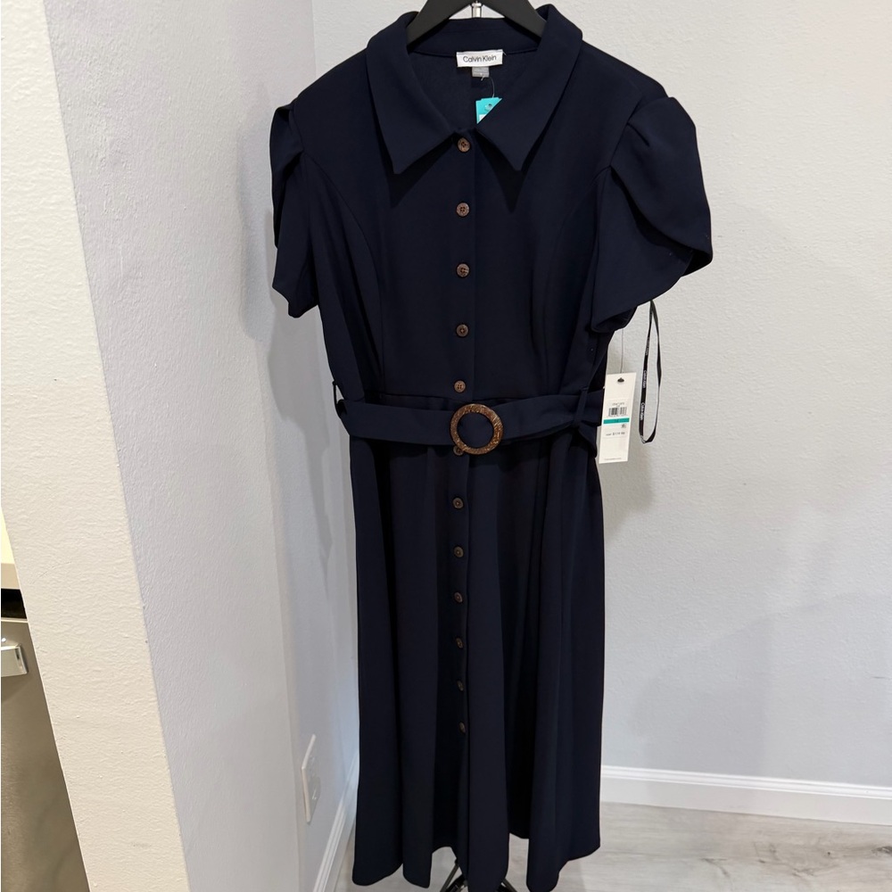 Calvin Klein Navy Button-Front Midi Dress with Ring-Buckle Belt